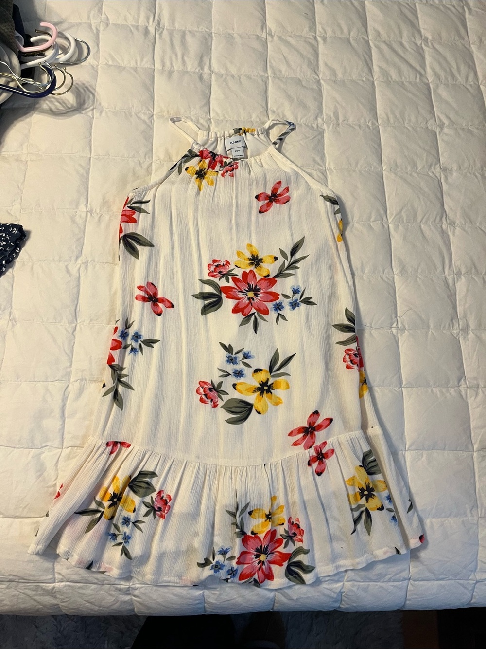 Old Navy White Floral Halter Dress with Ruffle Hem